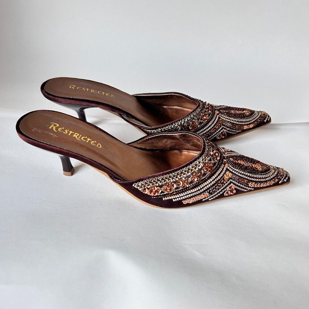 Vintage RESTRICTED Brown Satin Embellished Kitten Heel Pointed Toe Mules
